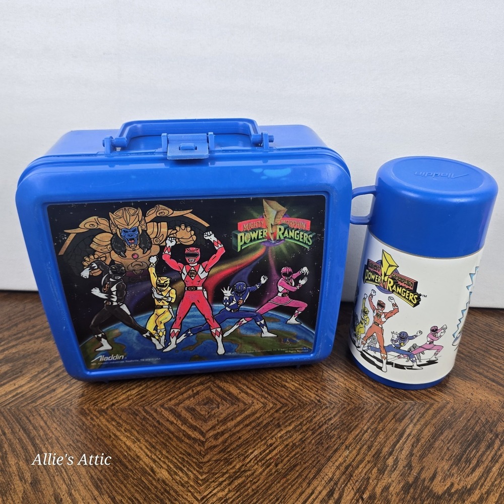 1993 Mighty Morphin Power Rangers Lunch Box & Thermos Set Vintage Blue Aladdin